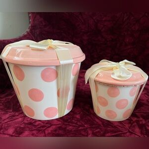 NEW PINK AND WHITE POLKA DOT PLANTERS W/ SAUCERS